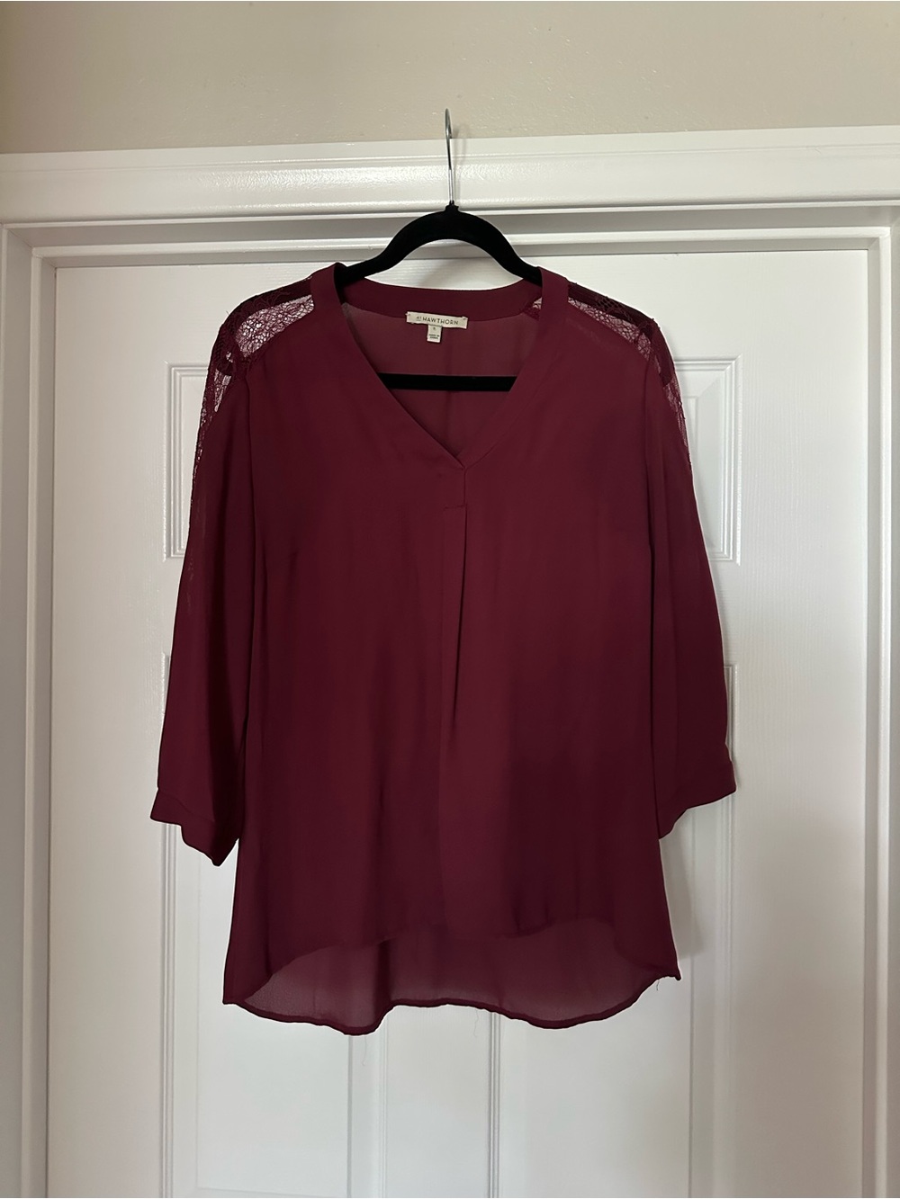 41 Hawthorn Burgundy Lace-Shoulder V-Neck Blouse